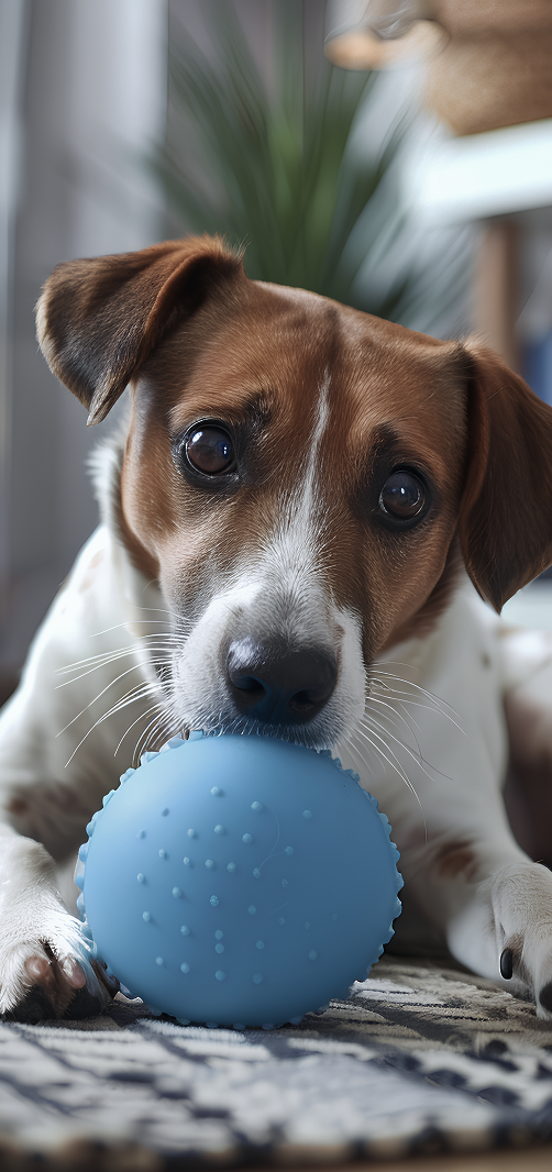 Perro mordiendo una pelota azul