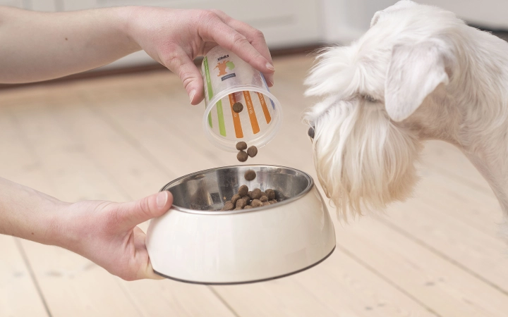 Dog_person pouring pet food in a bowl with white dog looking_indoor_with petowner_advice